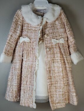 Blueberi Blvd Pink Tweed Coat with Sleeveless Dress, Sparkly Tulle Skirt. 24M